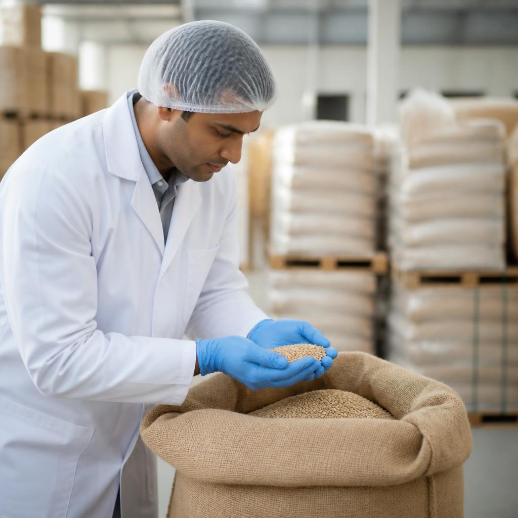 Quality control of packaged grains at a Dubai foodstuff warehouse